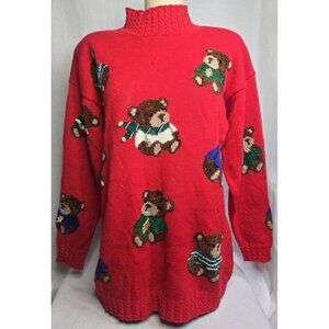 Marisa Christina 1994 Christmas Sweater Size Medium Red Teddy Bears Mock Neck
